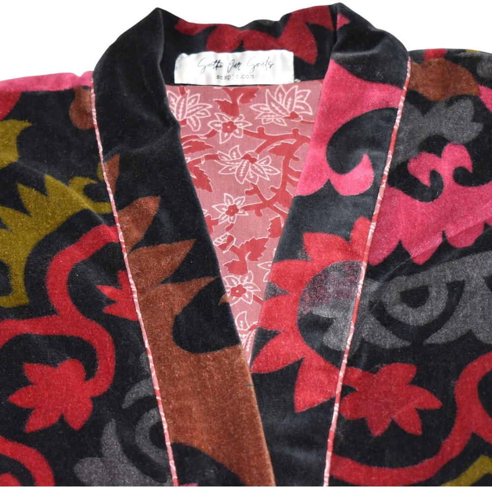 Soothe Our Souls Velvet Robe 100 Cotton Floral Ikat Pink Gray Wrap Belted Pocket